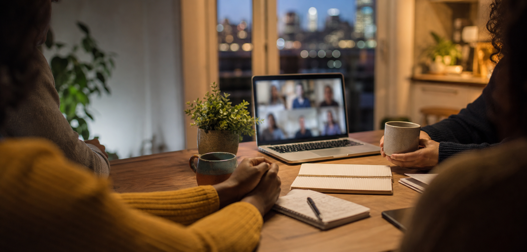 A calm home table with a laptop, notebooks, mugs, and an online group call shown out of focus.
